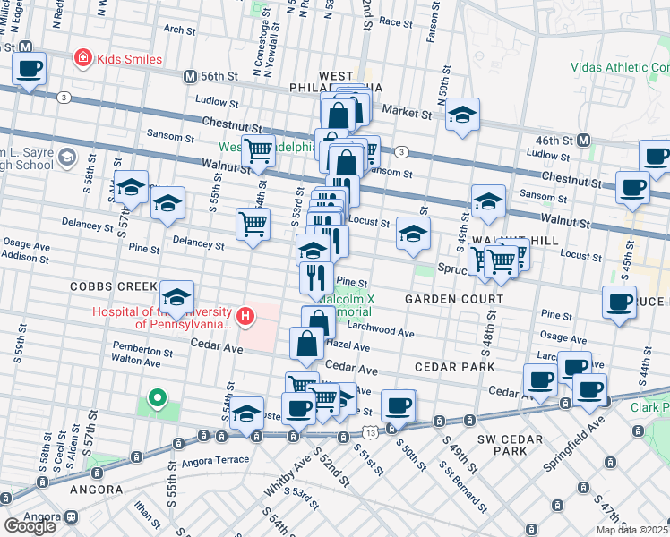 map of restaurants, bars, coffee shops, grocery stores, and more near 319 South 52nd Street in Philadelphia