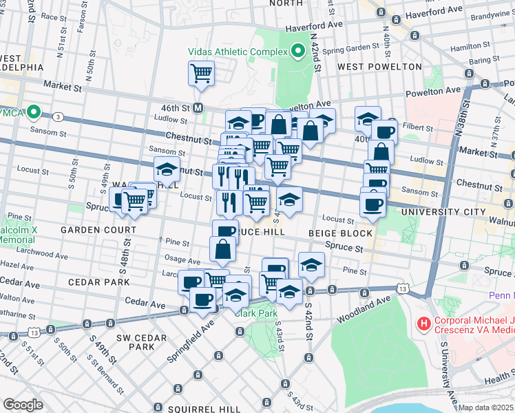 map of restaurants, bars, coffee shops, grocery stores, and more near Locust St & S 44th St in Philadelphia
