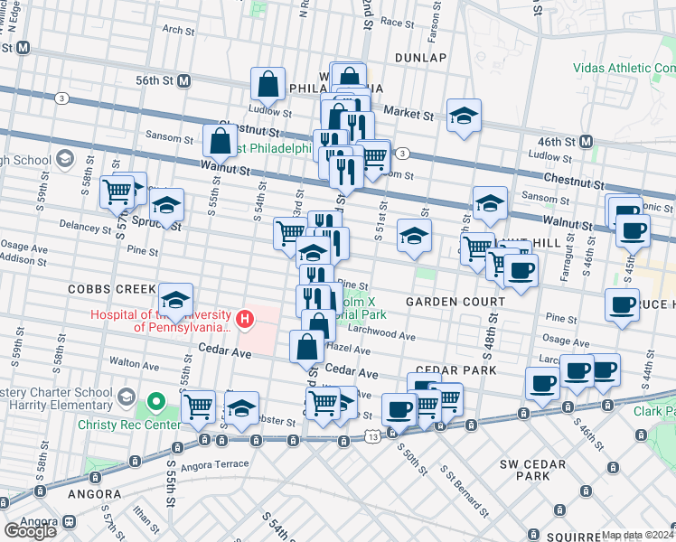 map of restaurants, bars, coffee shops, grocery stores, and more near 5144 Delancey Street in Philadelphia