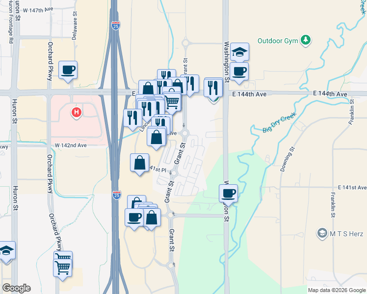 map of restaurants, bars, coffee shops, grocery stores, and more near 138801 Grant Street in Thornton