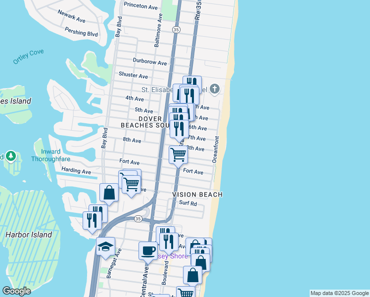 map of restaurants, bars, coffee shops, grocery stores, and more near 1830 Grand Central Avenue in Seaside Heights