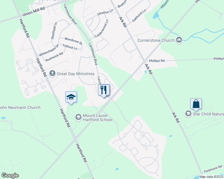 map of restaurants, bars, coffee shops, grocery stores, and more near 1201A Ralston Drive in Mount Laurel Township