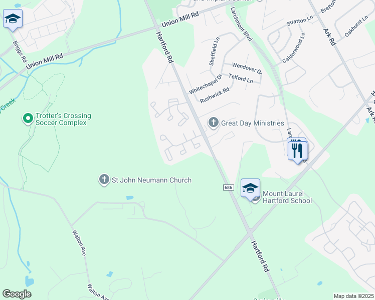 map of restaurants, bars, coffee shops, grocery stores, and more near 401 Jamestown Court in Mount Laurel Township