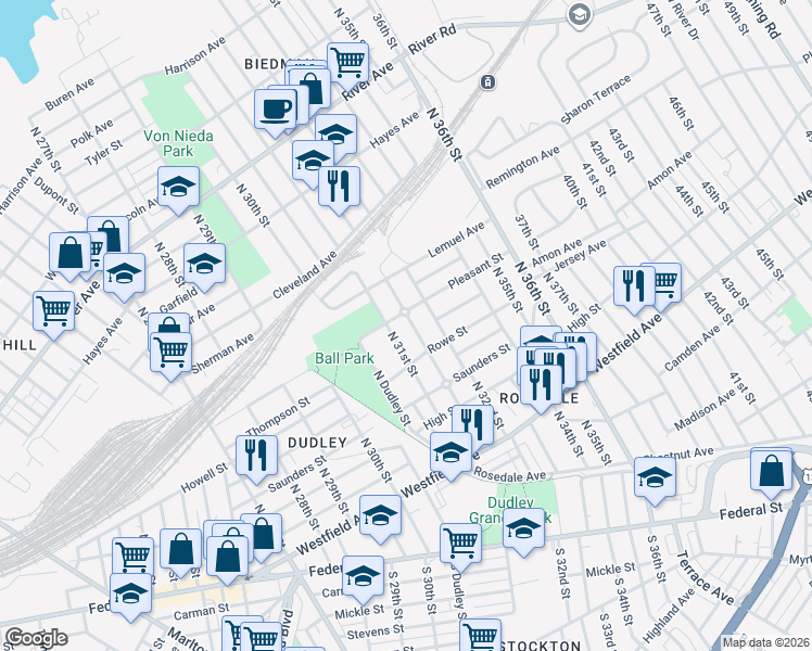 map of restaurants, bars, coffee shops, grocery stores, and more near 529 Beideman Avenue in Camden