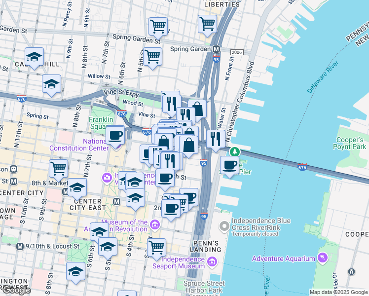 map of restaurants, bars, coffee shops, grocery stores, and more near 209 North 2nd Street in Philadelphia