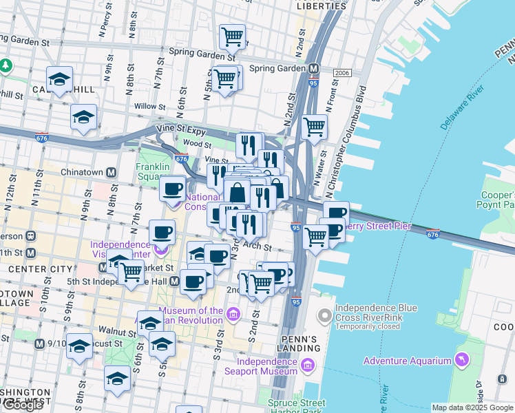map of restaurants, bars, coffee shops, grocery stores, and more near 225 Race Street in Philadelphia