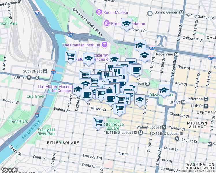 map of restaurants, bars, coffee shops, grocery stores, and more near 1900 Market Street in Philadelphia