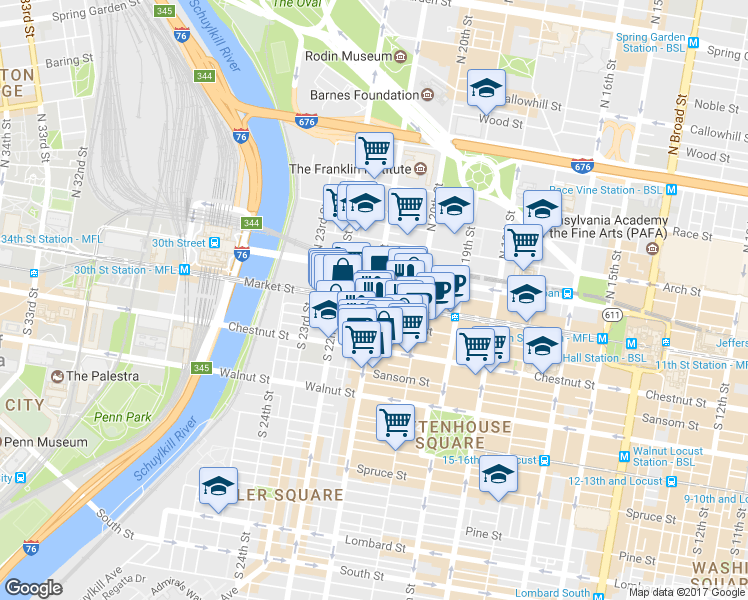 map of restaurants, bars, coffee shops, grocery stores, and more near 2101 Market Street in Philadelphia