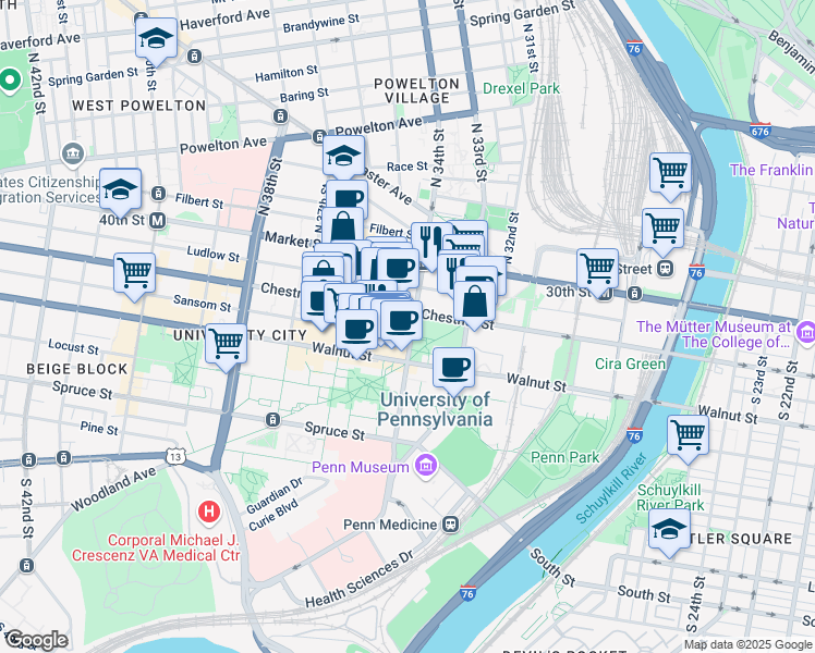 map of restaurants, bars, coffee shops, grocery stores, and more near 3400 Chestnut Street in Philadelphia