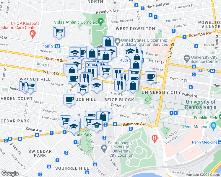 map of restaurants, bars, coffee shops, grocery stores, and more near 206 South 42nd Street in Philadelphia