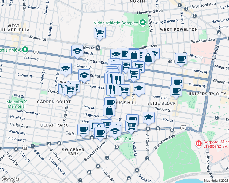 map of restaurants, bars, coffee shops, grocery stores, and more near 4426 Locust Street in Philadelphia