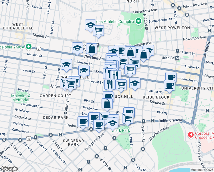 map of restaurants, bars, coffee shops, grocery stores, and more near 4520 Locust Street in Philadelphia