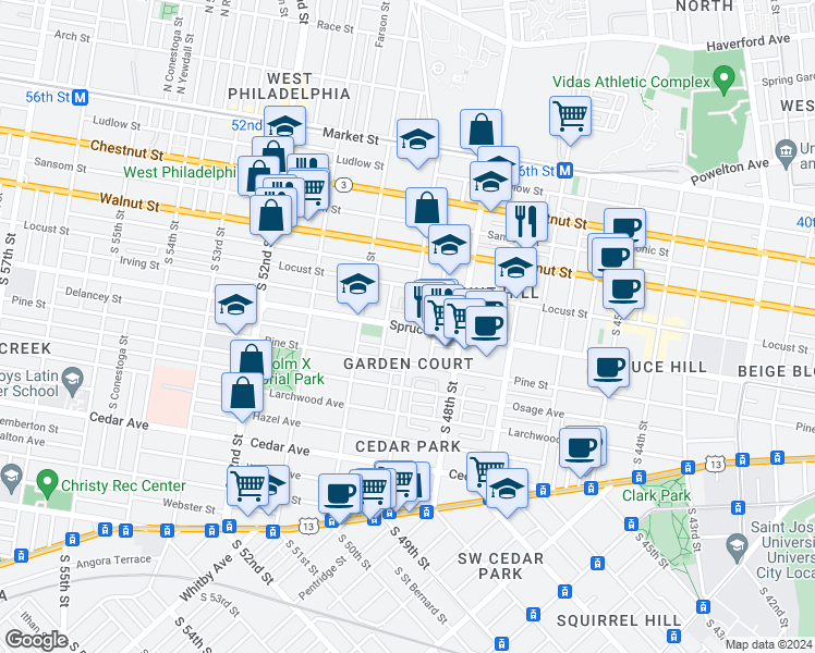 map of restaurants, bars, coffee shops, grocery stores, and more near 4901-09 Spruce Street in Philadelphia