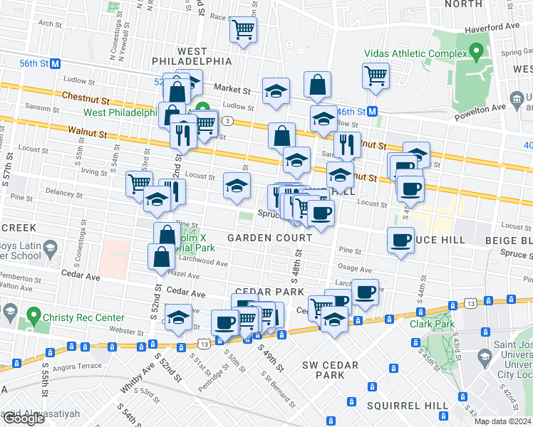 map of restaurants, bars, coffee shops, grocery stores, and more near 4901-09 Spruce Street in Philadelphia