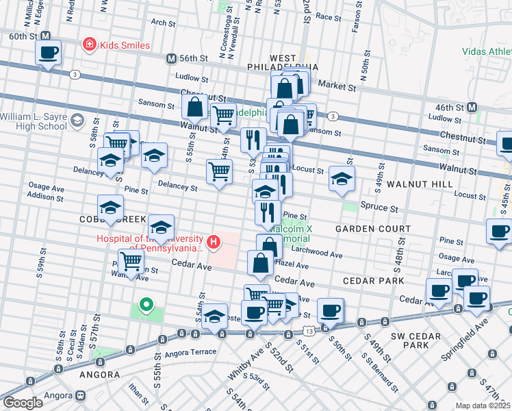 map of restaurants, bars, coffee shops, grocery stores, and more near 5243 Pine Street in Philadelphia