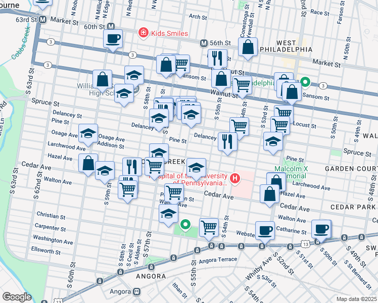 map of restaurants, bars, coffee shops, grocery stores, and more near 417 South 56th Street in Philadelphia