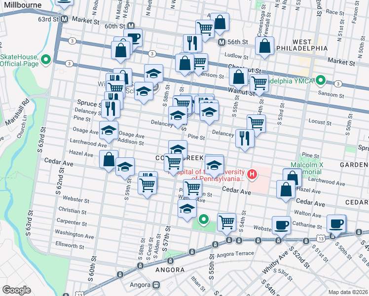 map of restaurants, bars, coffee shops, grocery stores, and more near 5636 Osage Avenue in Philadelphia