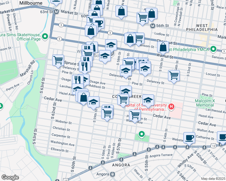 map of restaurants, bars, coffee shops, grocery stores, and more near 5802 Addison Street in Philadelphia