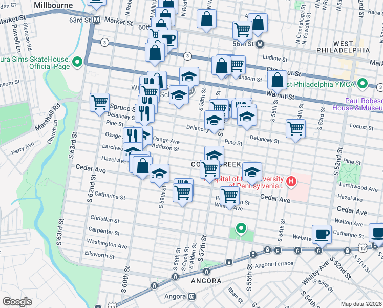 map of restaurants, bars, coffee shops, grocery stores, and more near 5802 Addison Street in Philadelphia