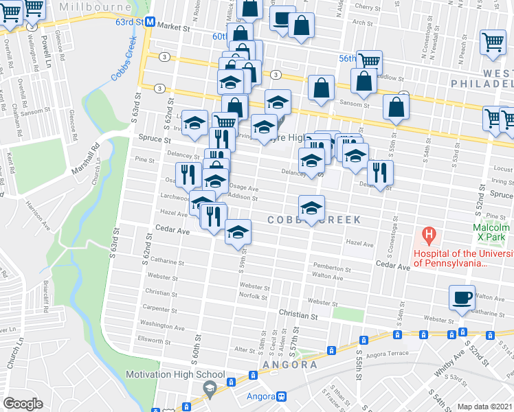 map of restaurants, bars, coffee shops, grocery stores, and more near 5852 Addison Street in Philadelphia