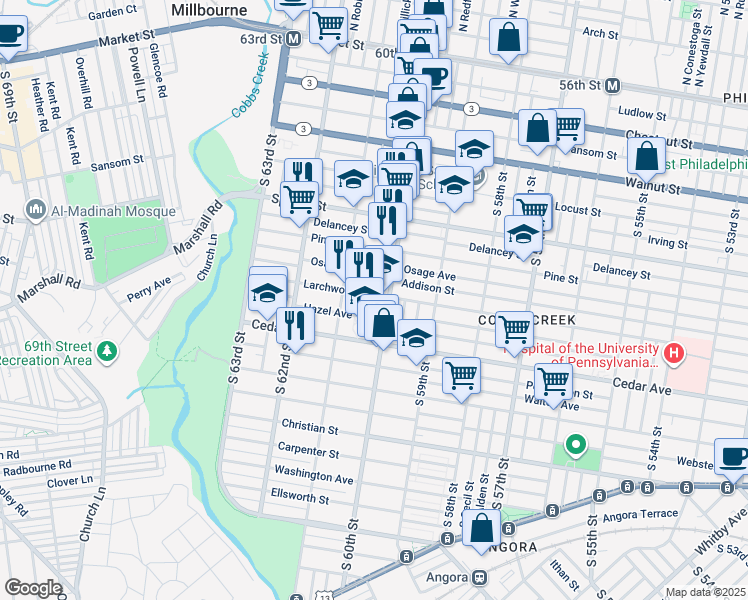 map of restaurants, bars, coffee shops, grocery stores, and more near 6017 Larchwood Avenue in Philadelphia