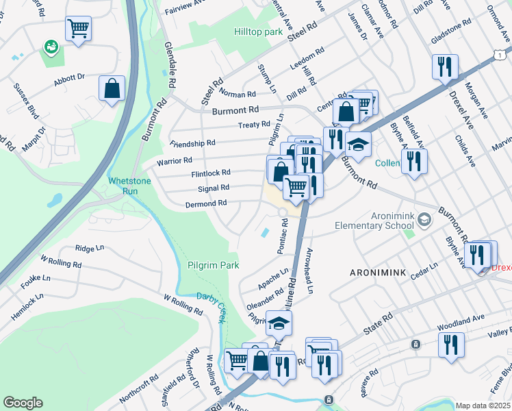map of restaurants, bars, coffee shops, grocery stores, and more near 222 Pilgrim Lane in Drexel Hill