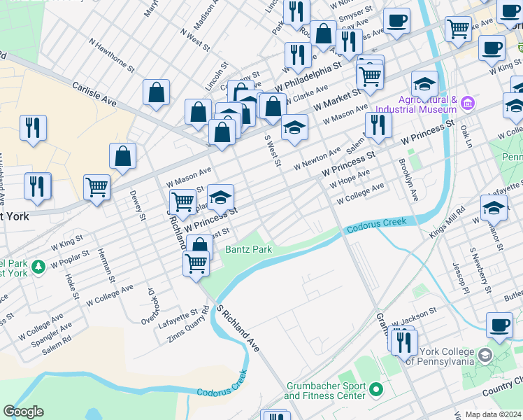 map of restaurants, bars, coffee shops, grocery stores, and more near 655 West Locust Street in York
