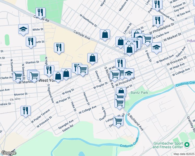 map of restaurants, bars, coffee shops, grocery stores, and more near 1041 West King Street in West York