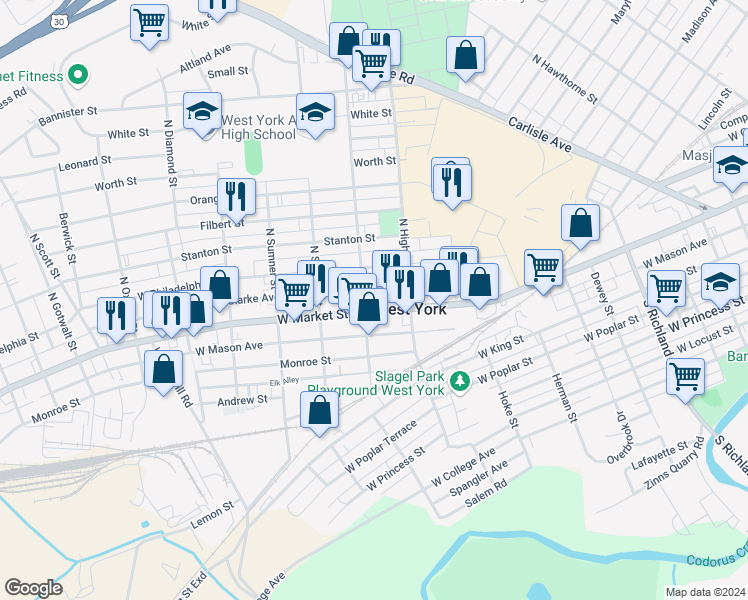 map of restaurants, bars, coffee shops, grocery stores, and more near 25 North Adams Street in West York