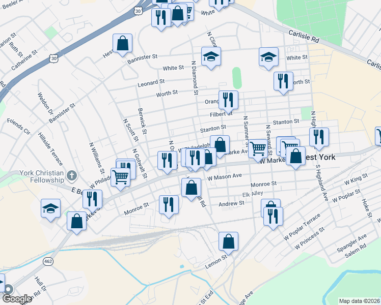 map of restaurants, bars, coffee shops, grocery stores, and more near 1972 West Philadelphia Street in York