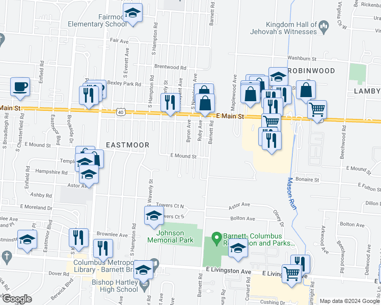 map of restaurants, bars, coffee shops, grocery stores, and more near 883 Ruby Avenue in Columbus