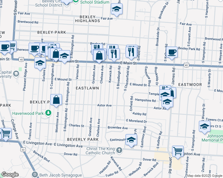 map of restaurants, bars, coffee shops, grocery stores, and more near 793 Kenwick Road in Columbus