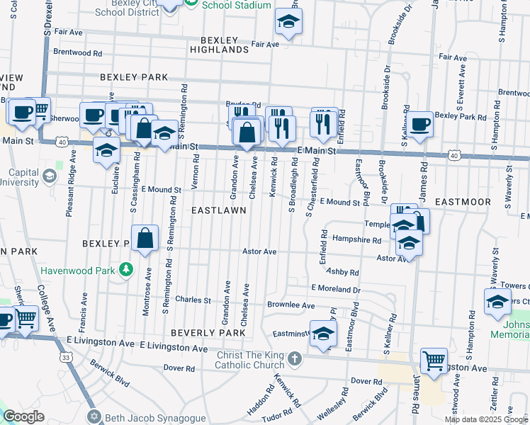 map of restaurants, bars, coffee shops, grocery stores, and more near 793 Kenwick Road in Columbus