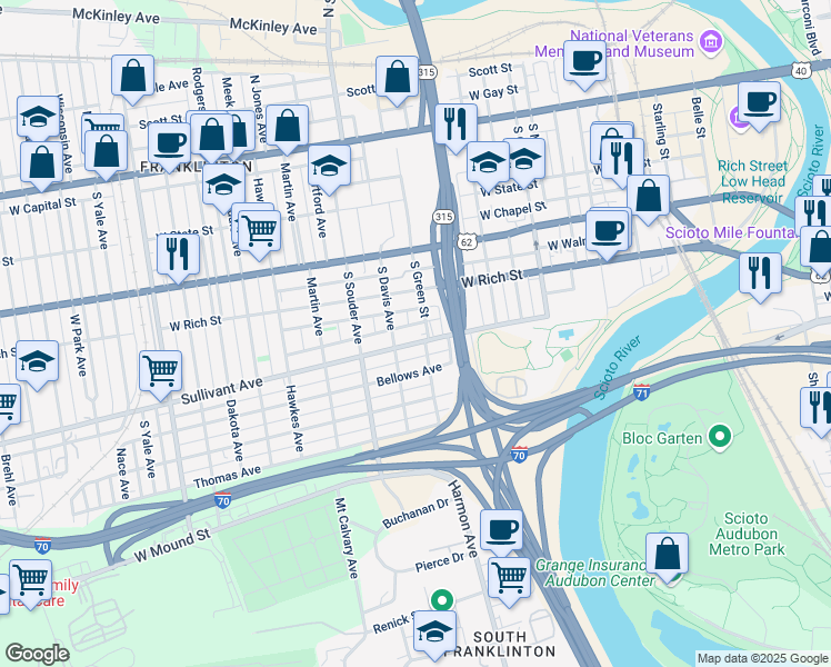 map of restaurants, bars, coffee shops, grocery stores, and more near 726 Sullivant Avenue in Columbus