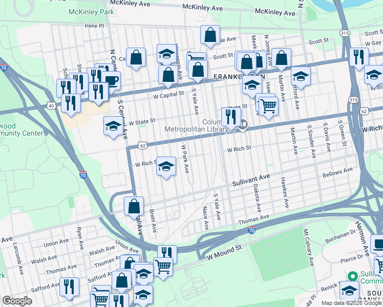 map of restaurants, bars, coffee shops, grocery stores, and more near 203 West Park Avenue in Columbus