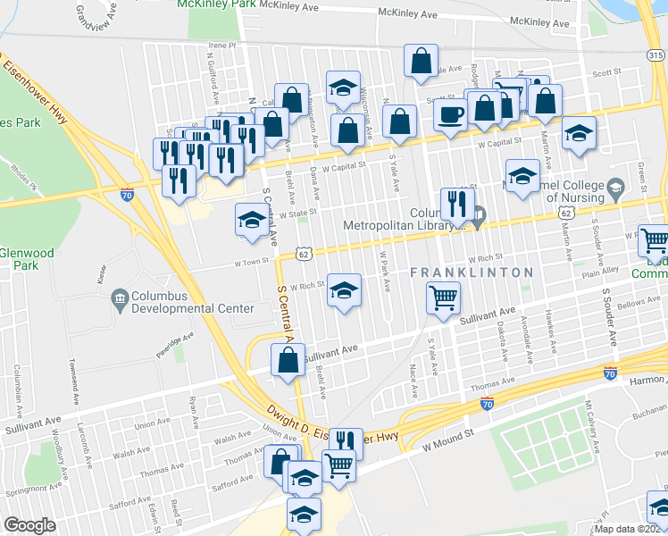 map of restaurants, bars, coffee shops, grocery stores, and more near 205 South Princeton Avenue in Columbus