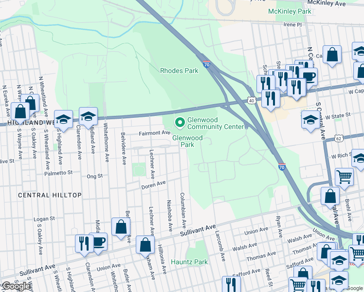 map of restaurants, bars, coffee shops, grocery stores, and more near 1889 Fairmont Avenue in Columbus
