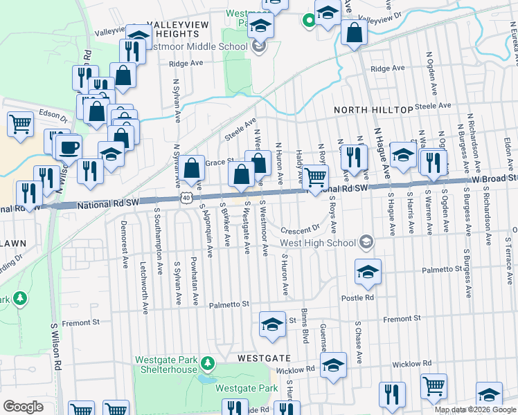 map of restaurants, bars, coffee shops, grocery stores, and more near 25 South Westmoor Avenue in Columbus