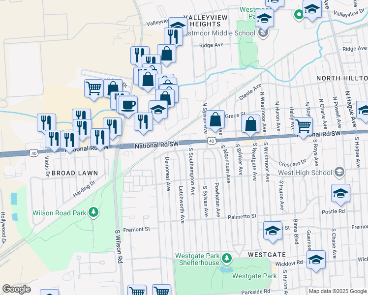 map of restaurants, bars, coffee shops, grocery stores, and more near 3341 West Broad Street in Columbus