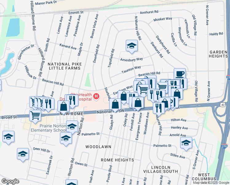 map of restaurants, bars, coffee shops, grocery stores, and more near 4979 Eastham Way in Columbus