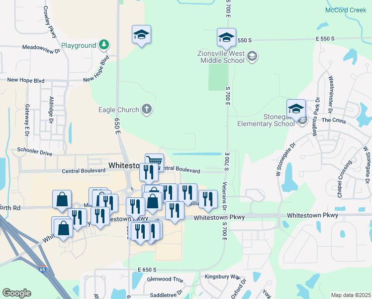 map of restaurants, bars, coffee shops, grocery stores, and more near 6712 Restoracy Drive in Whitestown