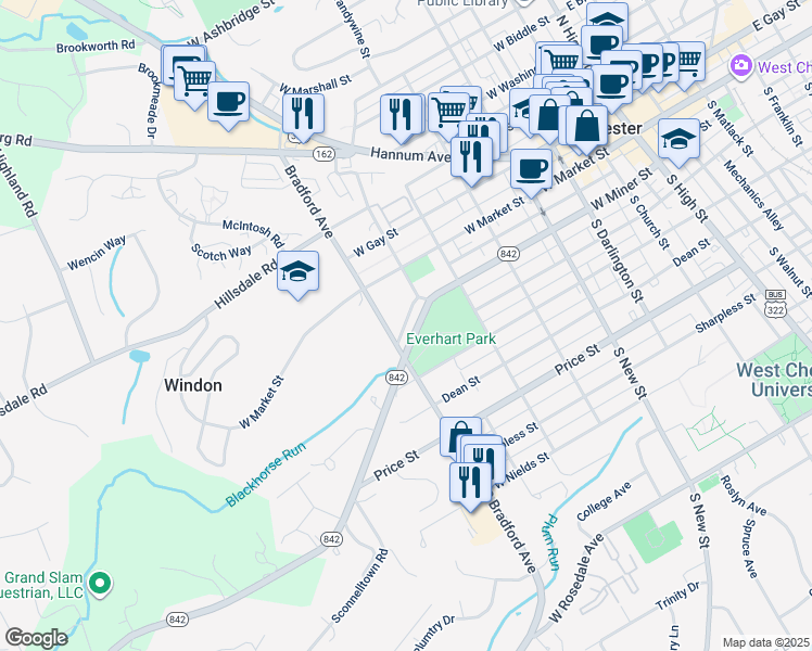 map of restaurants, bars, coffee shops, grocery stores, and more near 611 Hoopes Alley in West Chester