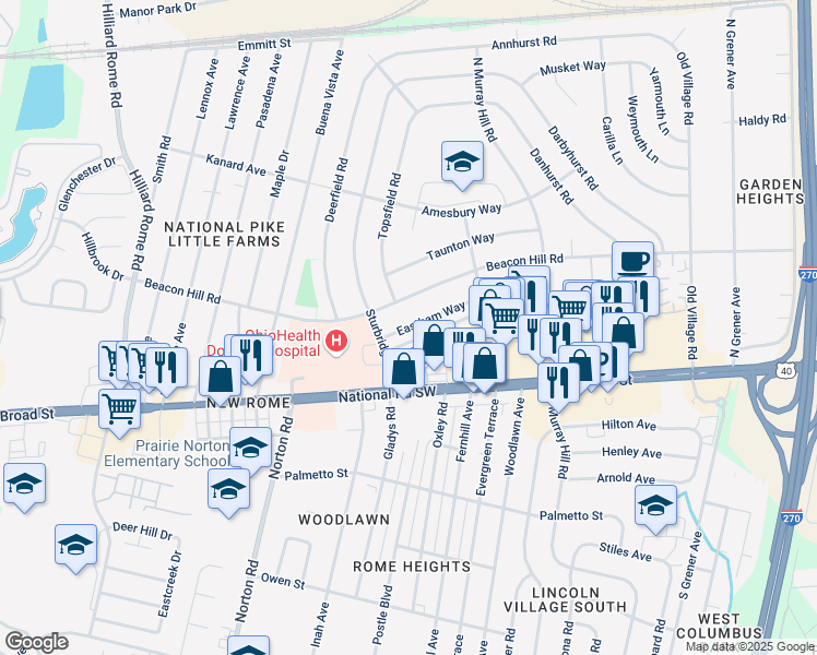 map of restaurants, bars, coffee shops, grocery stores, and more near 4986 Eastham Way in Columbus