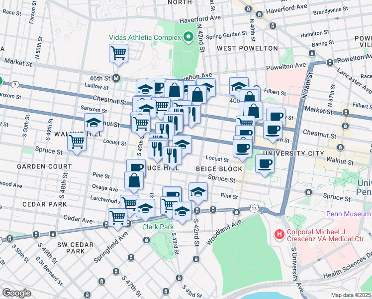 map of restaurants, bars, coffee shops, grocery stores, and more near 216 Saint Marks Square in Philadelphia