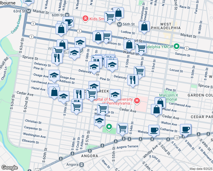 map of restaurants, bars, coffee shops, grocery stores, and more near 5610 Osage Avenue in Philadelphia