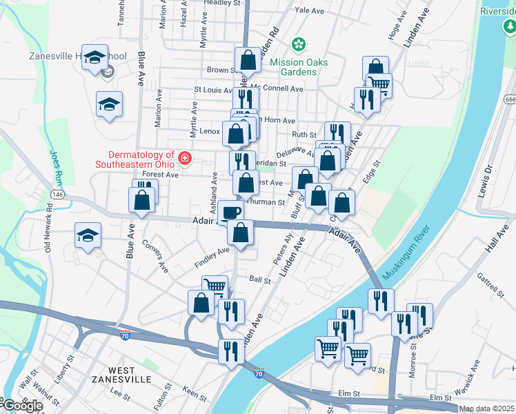 map of restaurants, bars, coffee shops, grocery stores, and more near 526 Thurman Street in Zanesville