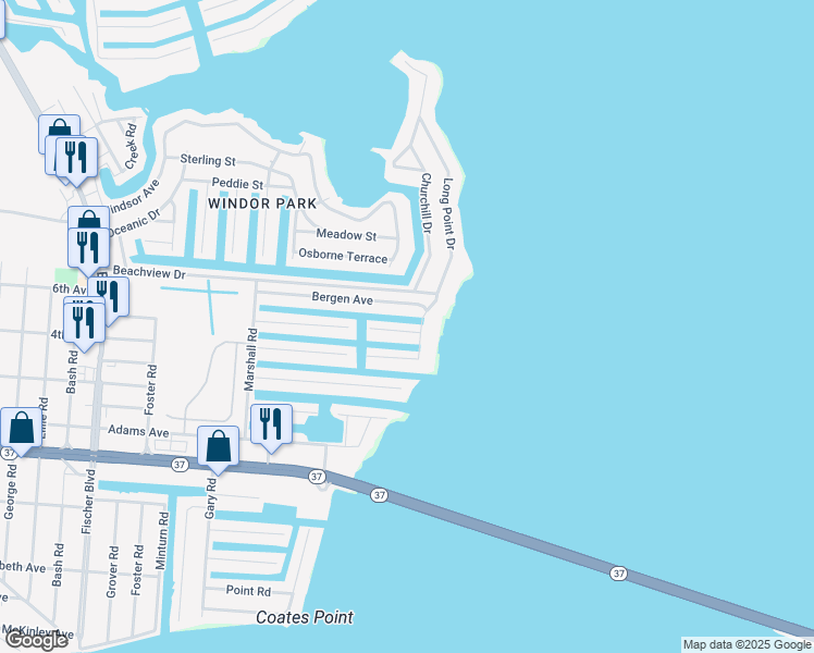 map of restaurants, bars, coffee shops, grocery stores, and more near 3462 East Thistle Avenue in Toms River