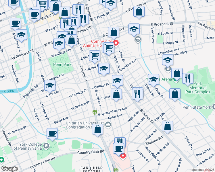 map of restaurants, bars, coffee shops, grocery stores, and more near 120 East Cottage Place in York