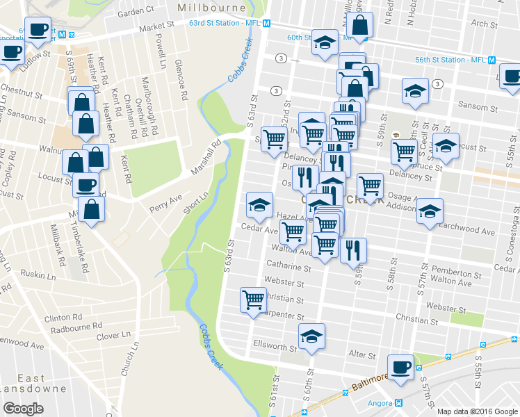 map of restaurants, bars, coffee shops, grocery stores, and more near 6218 Hazel Avenue in Philadelphia