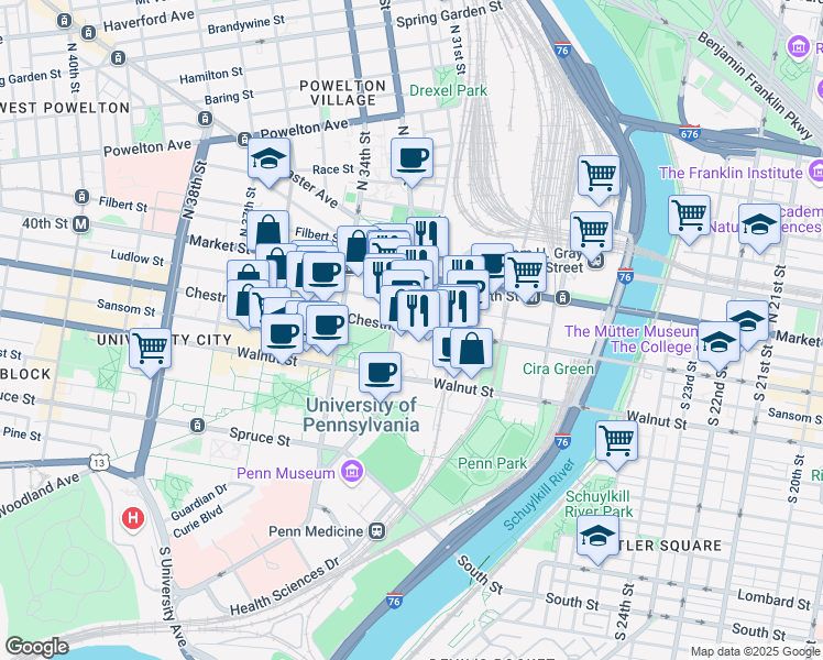 map of restaurants, bars, coffee shops, grocery stores, and more near 3200 Chestnut Street in Philadelphia